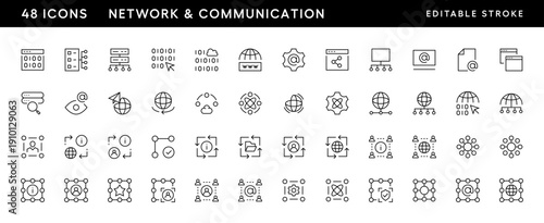 Network icon collection. Communication icon set. Globe, web, connection, information technology, networking, data center, cloud computing and more. Editable stroke. Pixel Perfect. Grid base 32 x 32.