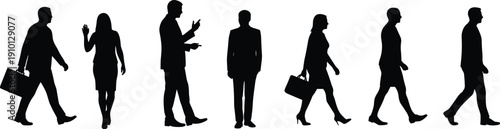 Business people silhouette walking, standing, talking, diverse poses of professionals, teamwork concept, human posture vector, office lifestyle illustration