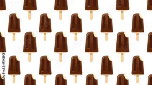 Delicious seamless pattern of chocolate covered ice cream bars on wooden sticks with some bites taken out on a clean white background.