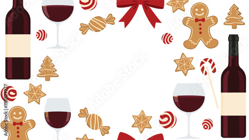 Festive holiday border frame made of red wine bottles, glasses, gingerbread cookies, candy canes, and colorful Christmas ornaments on white.