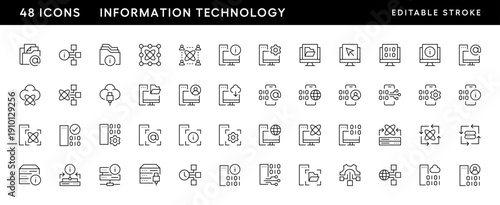 Information technology icon collection. Network icon set. Information system, data center, connection, computer network, web development and more. Editable stroke. Pixel Perfect. Grid base 32 x 32.