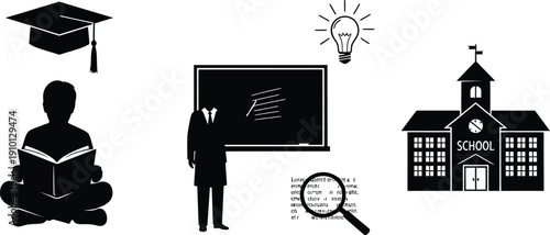 Education Icons Set with School Building, Teacher, Student and Blackboard