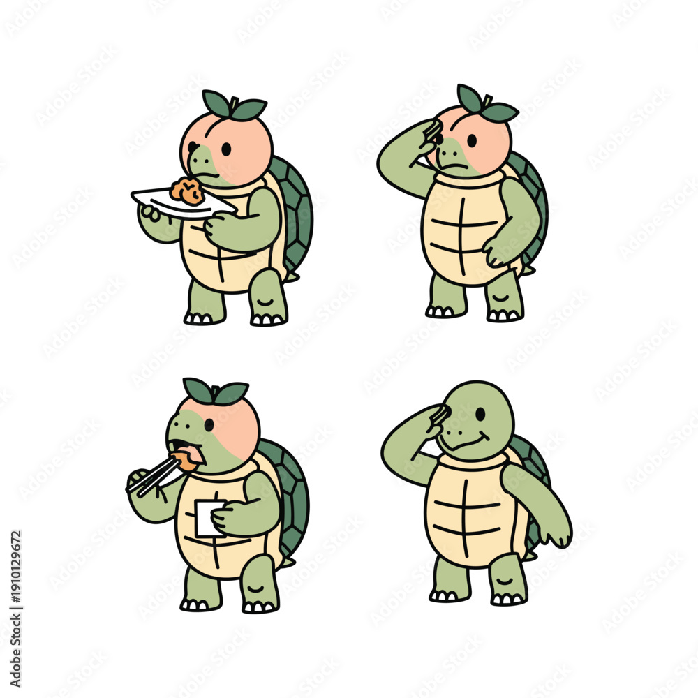 Obraz premium Cartoon turtle eating and drinking in different poses with copy space