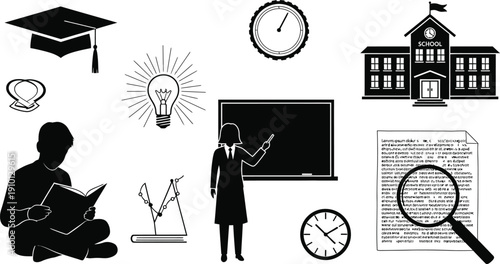 Education Icons Set with School Building, Teacher, Student and Blackboard, Books
