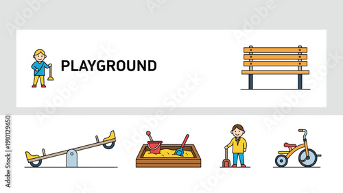 Collection of playground equipment icons featuring a seesaw sandbox bench tricycle and happy children playing outdoors in a city park.