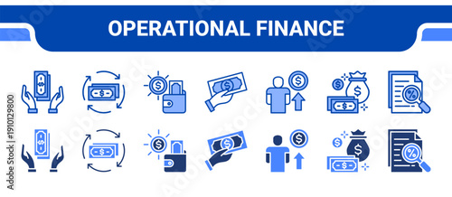 Operational Finance Icon Collection,  featuring Handling, Transaction, Expense, Cash, Management, Finance, Evaluating.