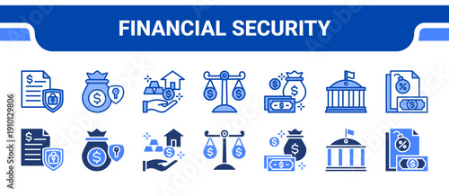 Financial Security Icon Collection,  featuring Security, Secured, Asset Management, Balance, Finance, Institution, Risk.