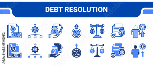 Debt Resolution Icon Collection,  featuring Debt, Consulidation, Loan, Interest, Balance, Financial, Management.