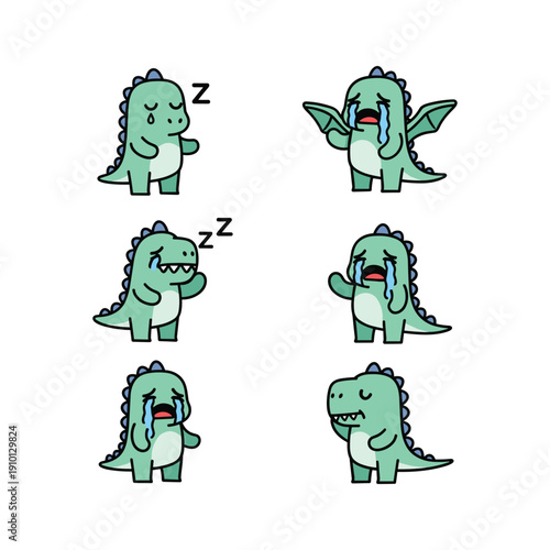 Cute cartoon dinosaurs sleeping with different emotions on white background