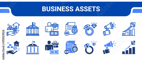 Business Assets Icon Collection,  featuring Asset Management, Institution, Businessman, Financial, Luxury, Marketing, Boost.