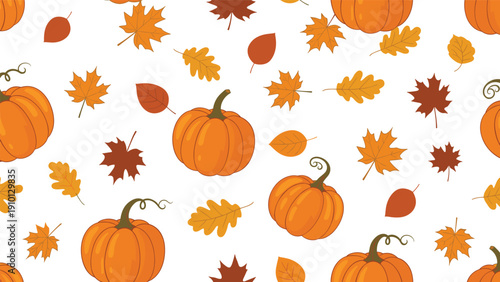 Seamless autumn pattern featuring orange pumpkins and various falling leaves in warm earthy tones on a white background for fall season.