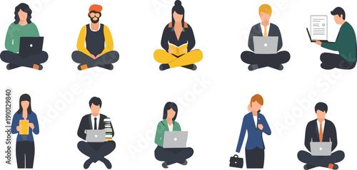 Business people and students working on laptops reading books sitting characters flat vector illustration set isolated