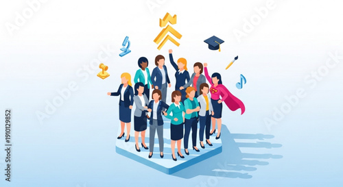 Diverse group of business professionals celebrating success with graduation cap and rising arrows