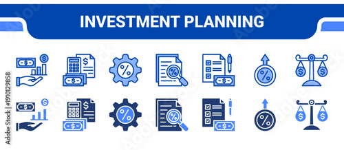 Investment Planning Icon Collection,  featuring Investing, Budgeting, Percentage, Evaluating, Financial Plan, Interest, Balance.