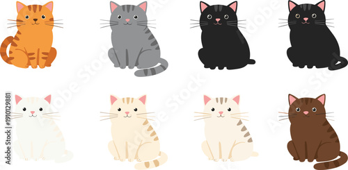 Cute Cartoon Cats Sitting Vector Collection with Domestic Feline Characters in Different Coat Colors Isolated on White Background.