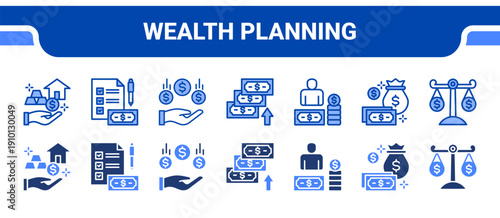 Wealth Planning Icon Collection,  featuring Asset Management, Financial Plan, Income, Yield, Earning, Finance, Balance.
