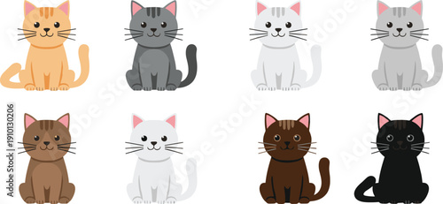 Cute Cartoon Cats Sitting Vector Set with Domestic Feline Characters in Various Coat Colors Isolated on White Background.