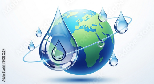 Globe surrounded by water droplets symbolizing global water conservation and environmental protection efforts worldwide with clear blue waters
