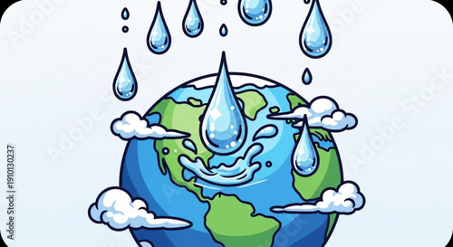 Earth with rain drops and clouds symbolizing global precipitation and climate