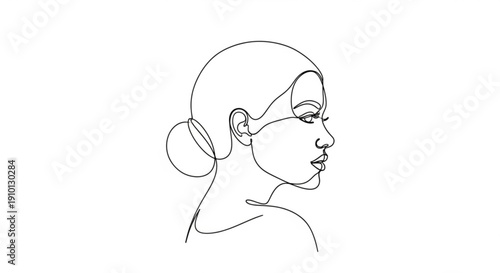Minimalist line art portrait of a woman with elegant bun hairstyle and contemplative expression simple background