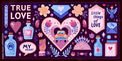 A colorful illustration depicting symbols of love and affection