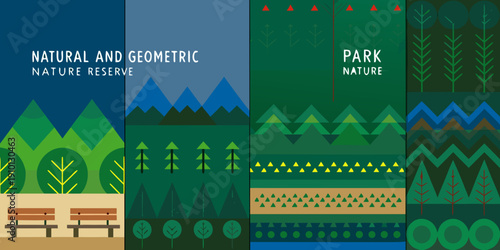 Four vertical panels displaying stylized nature scenes with geometric shapes