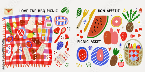 Colorful illustration of a picnic with food fruits and a red checkered blanket