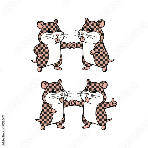 Cute cartoon hamsters in checkered clothes dancing and having fun together