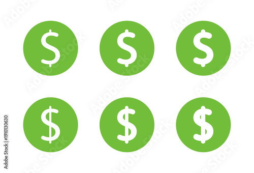 Us dollar currency icon set in light to bold design. Usd money symbol in green circle. American financial sign