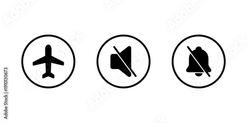 Airplane, mute, and silent bell mode icon in circular outline. Flight, no sound, and notification off symbol