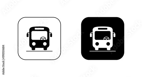 Public bus icon in black square. Urban transport symbol. City vehicle sign
