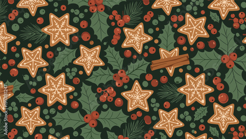 Festive Christmas pattern with star-shaped gingerbread cookies holly leaves red berries and cinnamon sticks on a dark green background for holidays.