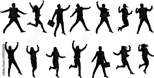 Business people silhouettes, jumping success poses, corporate celebration, teamwork achievement, career growth, motivation, leadership energy, professional enthusiasm