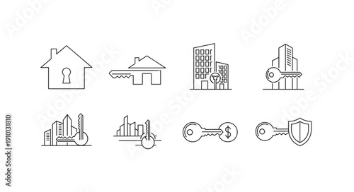 Set of real estate and property icons with keys and buildings.