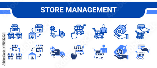 Store Management Icon Collection,  featuring Store, Procurement, Delivery, Self service, Consumer, Brand, Payment.