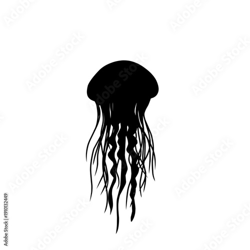 Black jellyfish silhouette with flowing tentacles isolated on white background. Marine sea creature illustration suitable for logo, tattoo design, ocean theme and minimal artwork