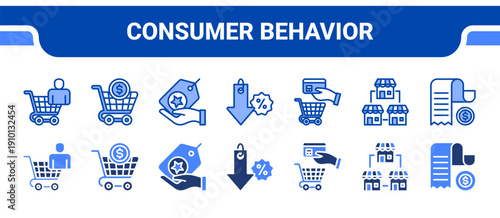 Consumer Behavior Icon Collection,  featuring Consumer, Shopping, Brand, Discount, Payment, Store, Receipt.