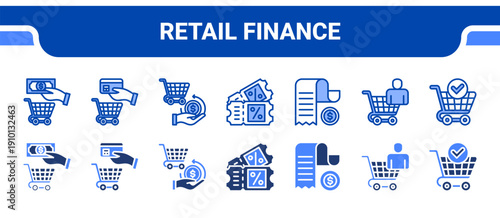 Retail Finance Icon Collection,  featuring Cash, Payment, Money back, Coupons, Receipt, Consumer, Checkout.