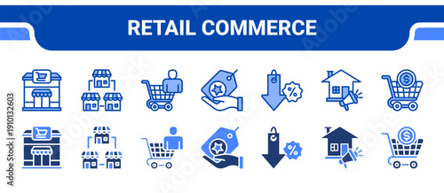 Retail Commerce Icon Collection,  featuring Supermarket, Store, Consumer, Brand, Discount, Promotion, Shopping.