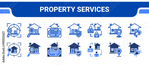 Property Services Icon Collection,  featuring Inspection, Appraisal, Certificate, Insurance, Broker, Address, Promotion.