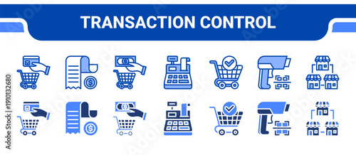 Transaction Control Icon Collection,  featuring Payment, Receipt, Cash, Cash machine, Checkout, Barcode scanner, Store.