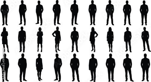 Business people silhouettes, professional standing poses, corporate diversity, teamwork collaboration, office leadership, career success, workplace people 