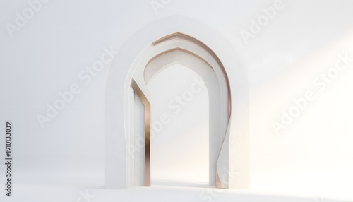 Elegant Islamic archway with gold accents on a white background.