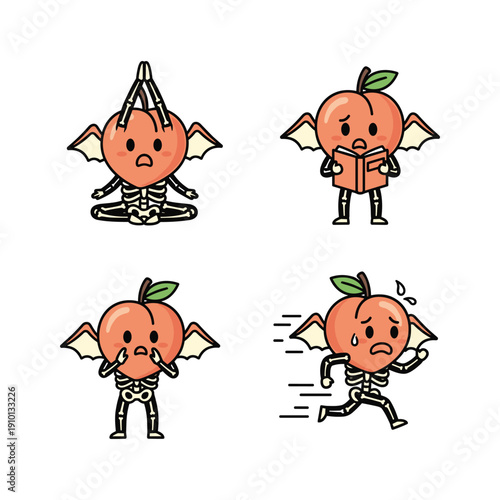 Cartoon skeleton peaches with different emotions and actions in a minimalist style