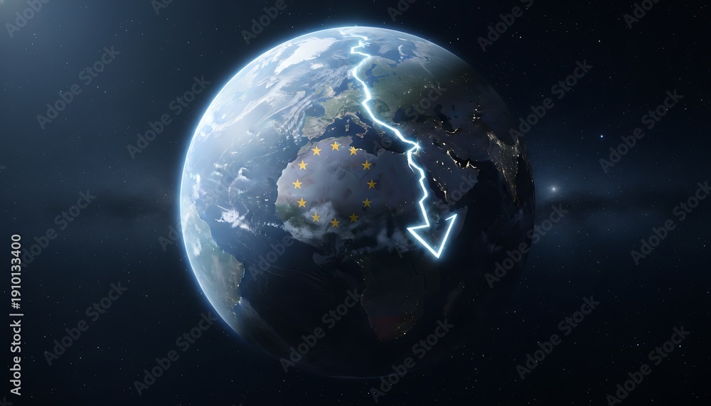 Obraz premium The globe showcases Europe Africa and Asia illuminated at night with a significant lightning storm across the northern regions of the world from a distant space viewpoint.