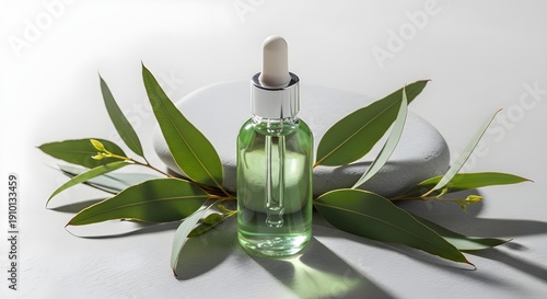 Editorial photography of a minimalist glass bottle filled with light green eucalyptus oil
