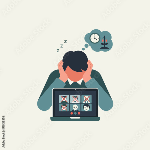 Person stressed with multiple video call participants displayed on laptop screen.