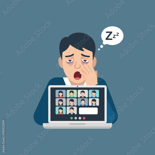 Person appearing tired or sleepy during a virtual video call on a laptop.