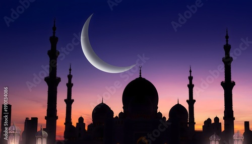 Ramadan Eid Mubarak crescent moon over mosque silhouette at sunset