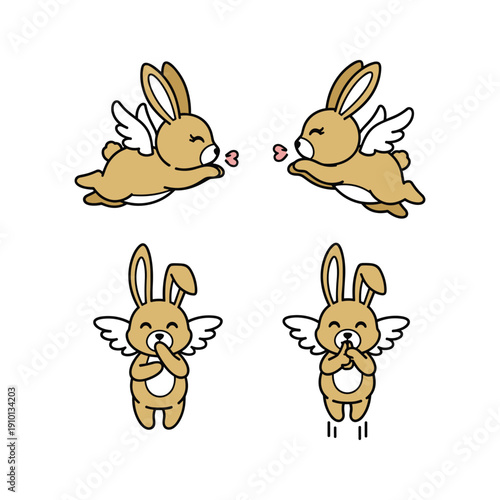Adorable cartoon rabbits with wings showing love and affection in a minimalist style